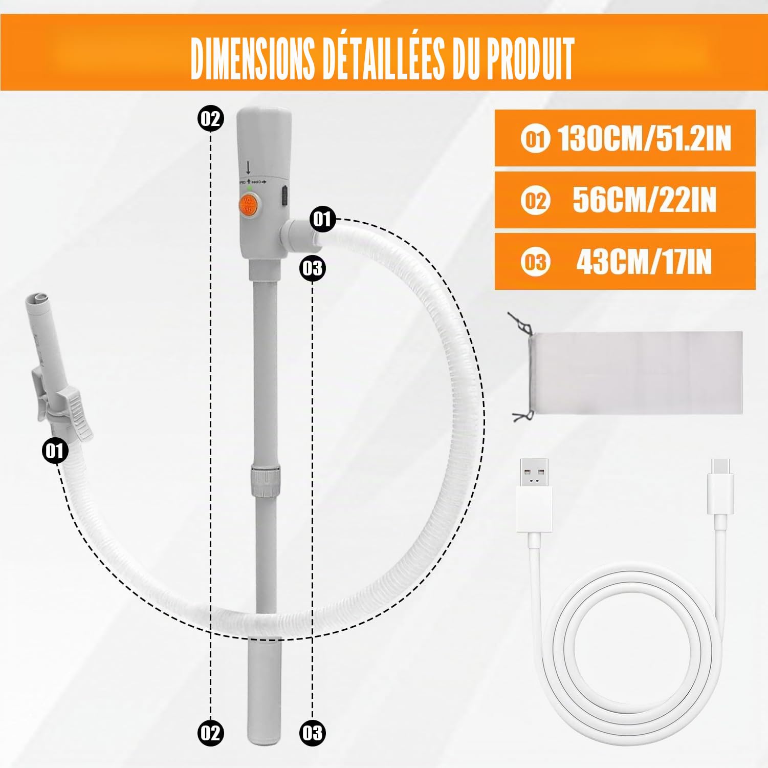 Pompe à essence pour bidon – Double alimentation (USB-C/AA), 3,2 GPM, pompe de transfert de carburant électrique avec arrêt automatique, pompe à huile électrique portable, tuyau de 51 pouces avec