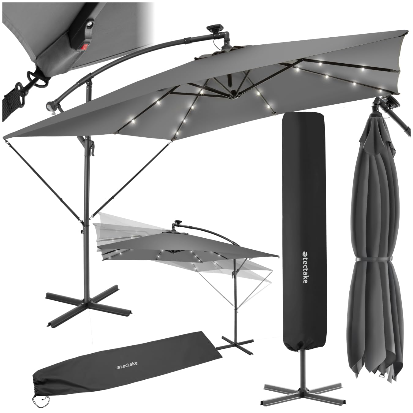 tectake Garden Parasol - Large - Grey - Solar LED Lights