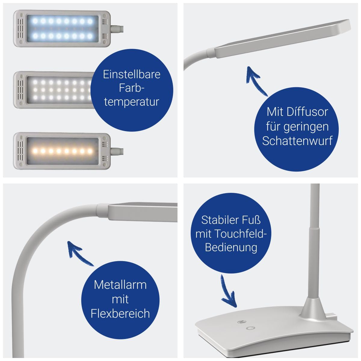 MAUL LED-Tischleuchte MAULpearly colour vario, dimmbar – leistungsstarke Büro Arbeitsplatzleuchte – Schreibtischlampe mit 3000-6500K Farbtemperatur – Silber