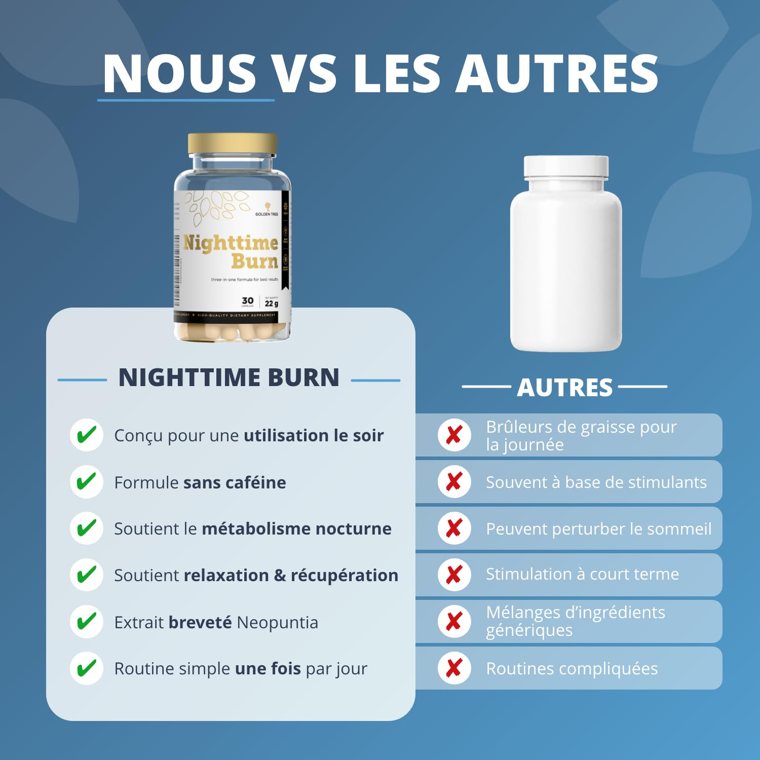 Golden Tree Nighttime Burn – Gélules de Fibres, 30 pièces | Figuier de Barbarie, Vitamine B3, Vitamine B6, Racine de Valériane & L-Carnitine, Sans Caféine