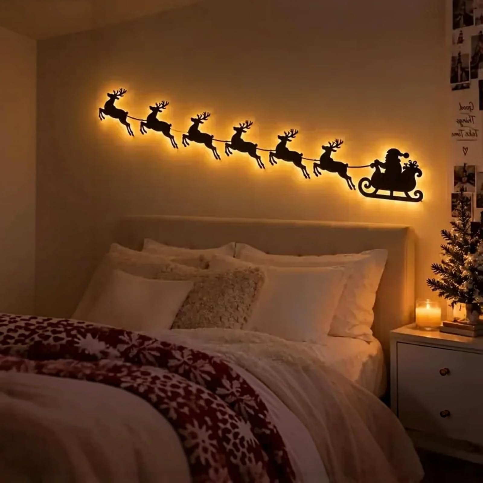 Light Up Christmas Night Wall Decor,Illuminated Wooden Reindeer Sleigh Wall Art Decor,Handmade Wood Lighted Holiday Displays,Cozy Christmas Wall Light for Bedroom,Living Room,Fireplace (Reindeer)