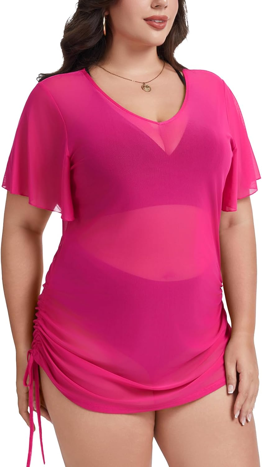 Plus Size Mesh Swim Cover Up for Women Short Sleeve Summer Swimwear Coverup Beach Vacation Bathing Suit Dress