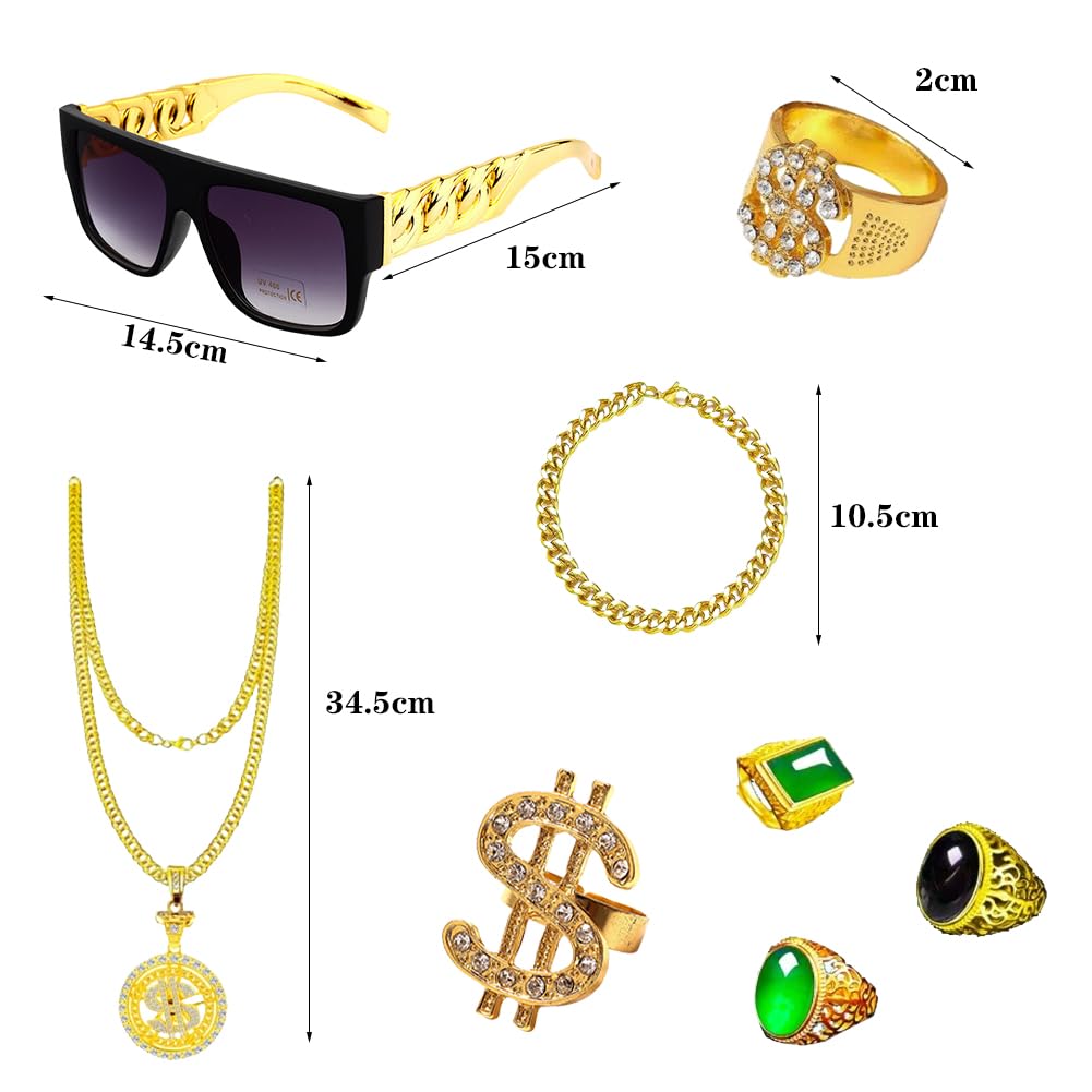 FUKPO Kit De Chaîne De Disco Lunettes Soleil D'or, 80s 90s Accessoires De Rappeur Déguisement