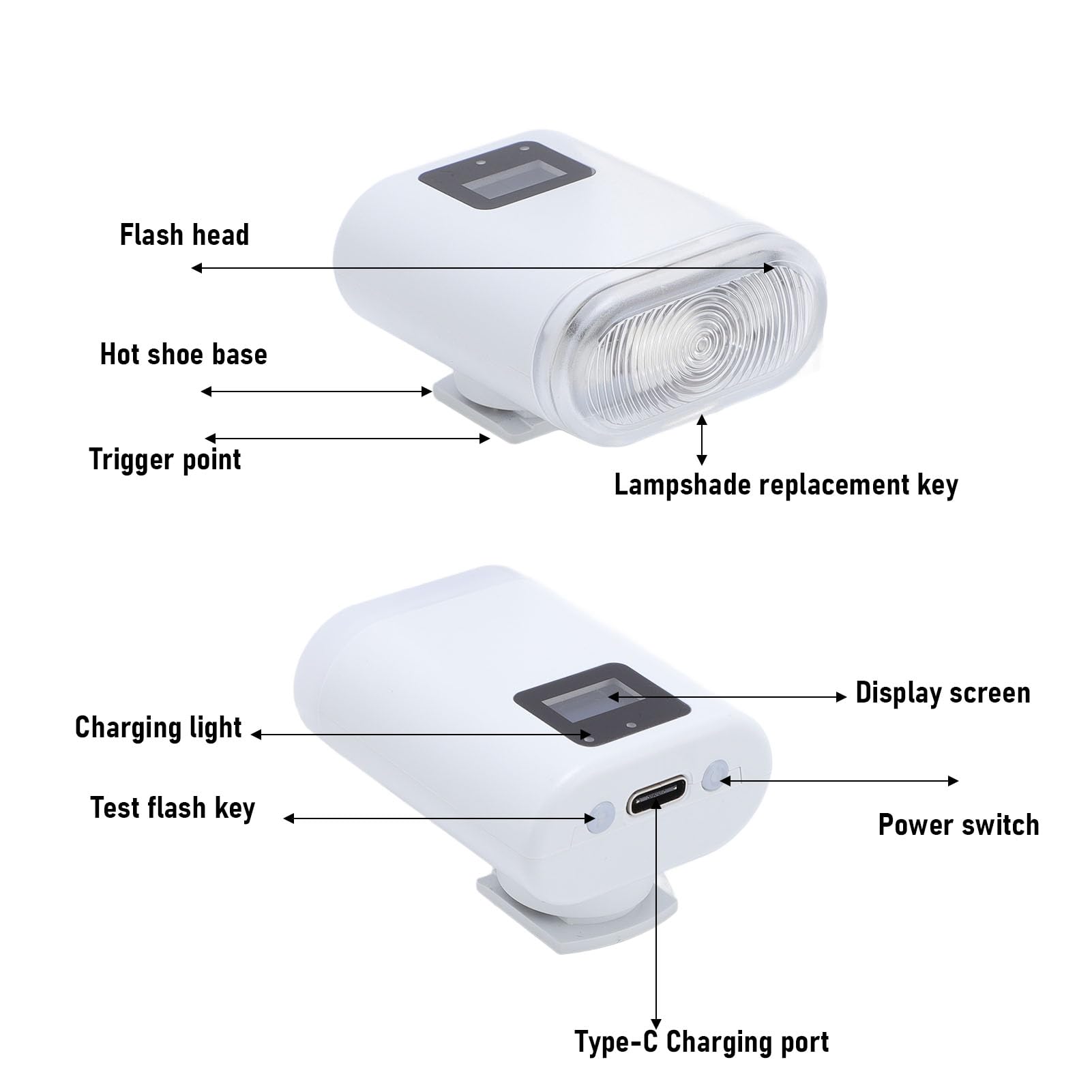 Universal Camera Flash Hot Shoe Mount TYPE C Rechargeable, 5600K 8 Level Brightness Portable Flash for GR3 for ZV1, Compact Lightweight (White)
