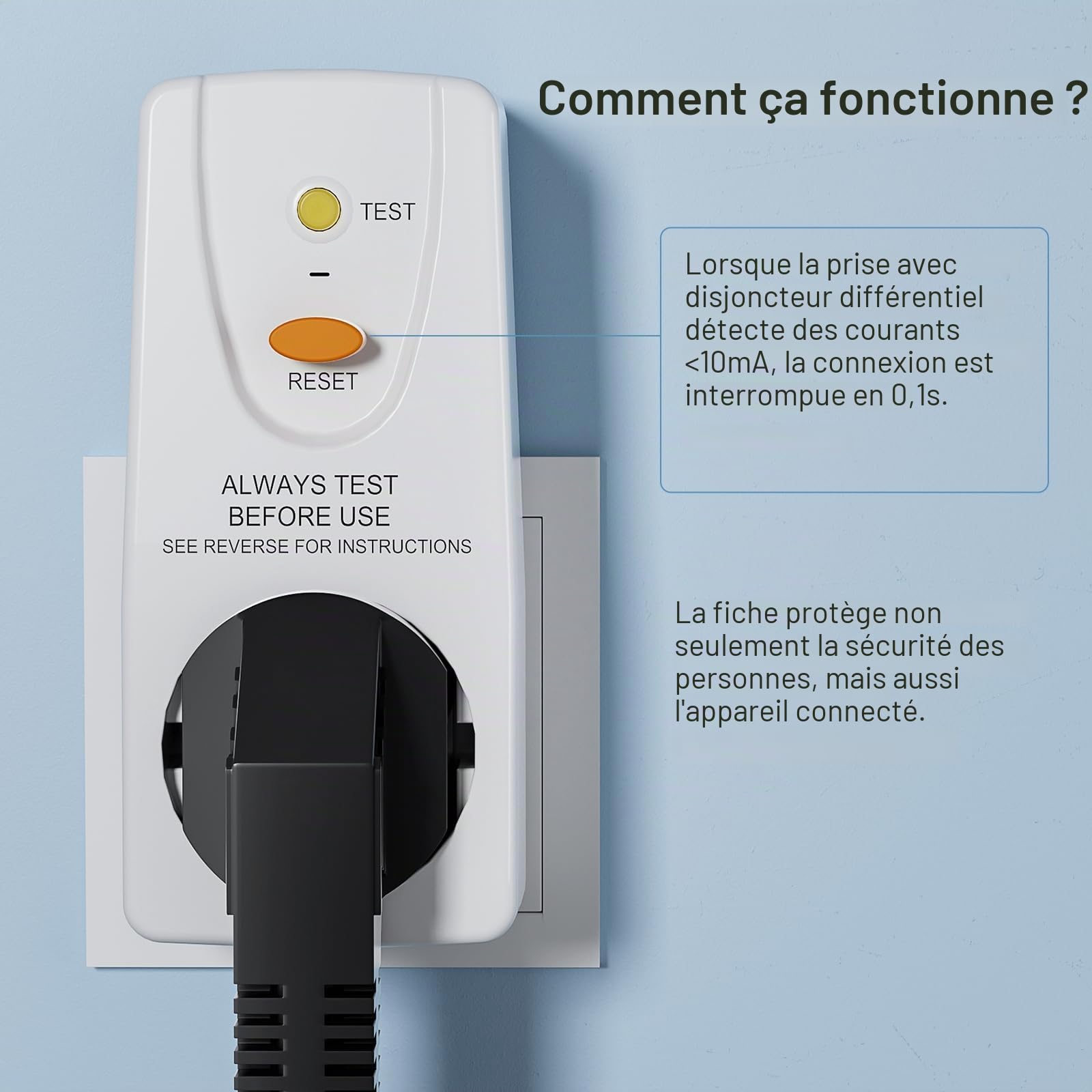 Prise de disjoncteur Fi - Anti-fuites et chocs électriques - Contact de protection 10 mA - 230 V - 16 A - Convient pour appareils ménagers et outils