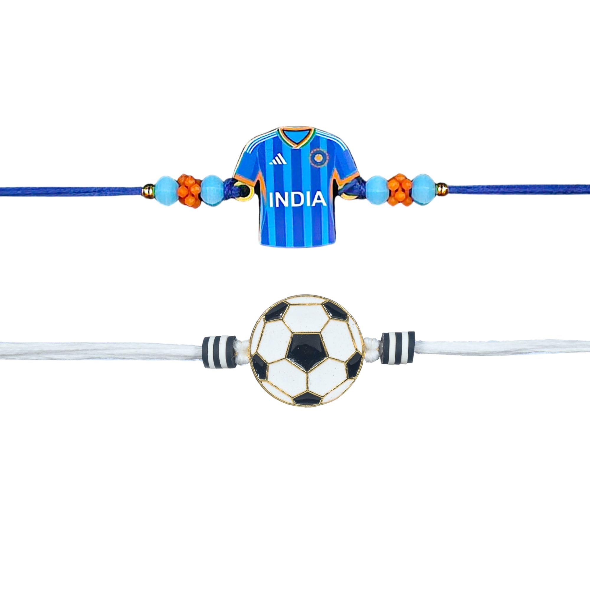 Kizzi Rakhi Set for Brother | Football & Cricket Theme Design Rakhi Bracelet Set of 2 | Gift includes Greeting Card & Tilak Set-picture-28