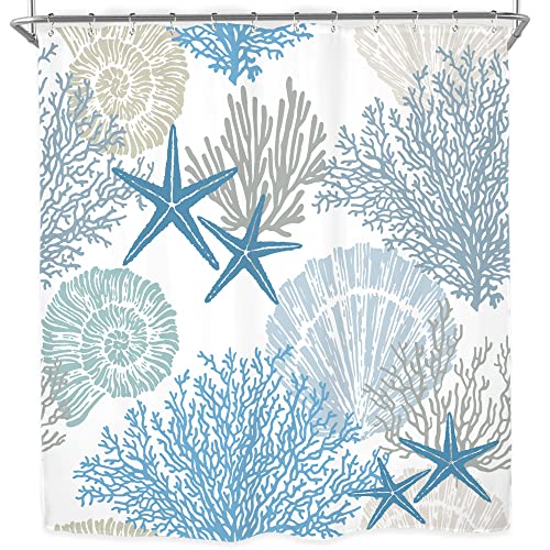 Miyotaa Coastal Nautical Shower Curtain Set 60Wx71H Inches Beach Seashell Starfish Coral Sea Underwater Ocean Polyester Waterproof Cloth Bathroom Curtain With 12 Hooks #TOP5