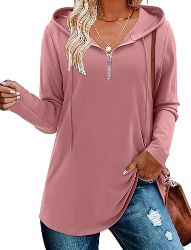 BETTE BOUTIK Womens Quarter Zip Tunic Hoodies Pullover Long Hooded Sweatshirts S-3XL