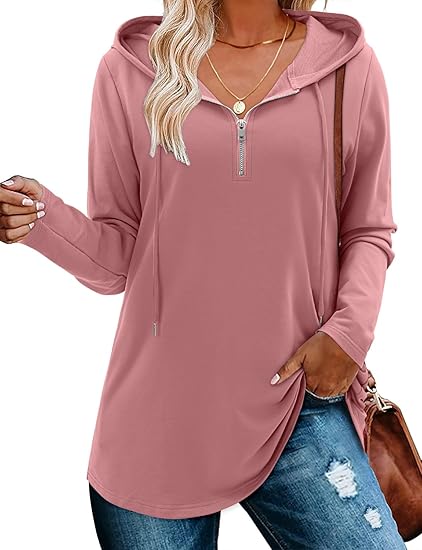 BETTE BOUTIK Womens Quarter Zip Tunic Hoodies Pullover Long Hooded Sweatshirts S-3XL