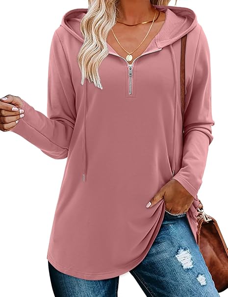 BETTE BOUTIK Womens Quarter Zip Tunic Hoodies Pullover Long Hooded Sweatshirts S-3XL