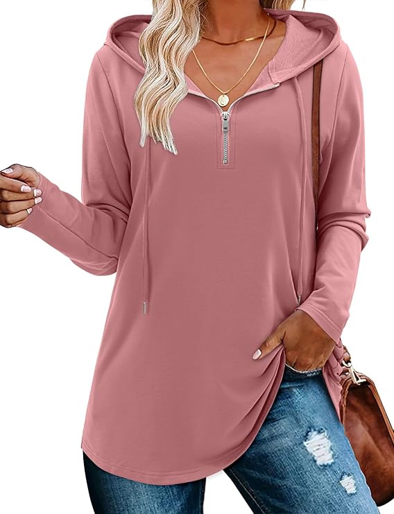 BETTE BOUTIK Womens Quarter Zip Tunic Hoodies Pullover Long Hooded Sweatshirts S-3XL