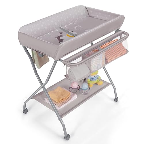 Costzon Cambiador portátil, cambiador de bebé móvil con ruedas, cinturón de seguridad, cesta de almacenamiento grande, estante y estante, cambiador