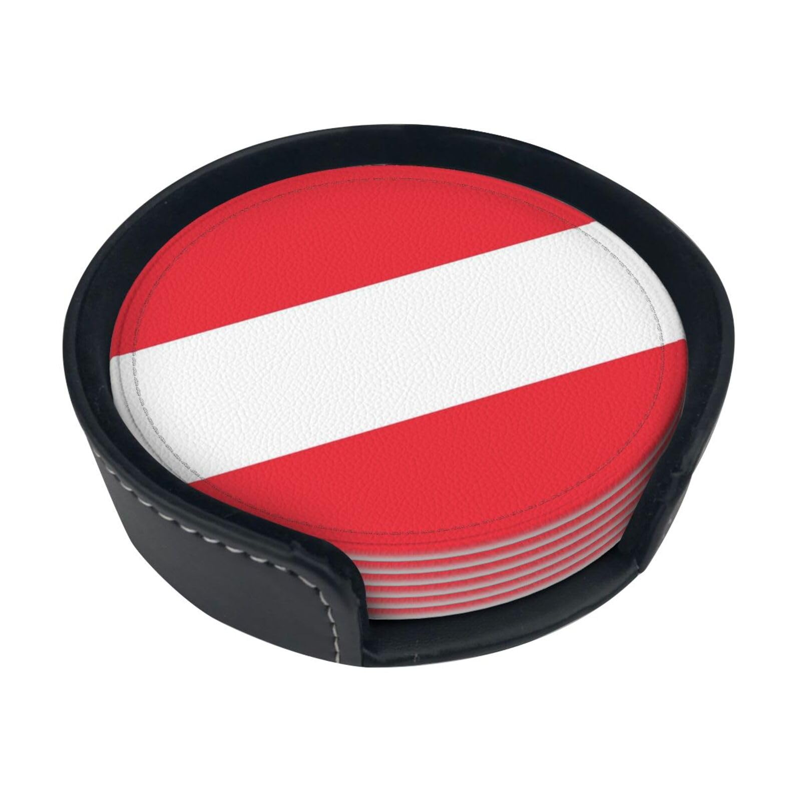 Austrian Flag Leather Coasters-Set of 6 with Storage Holder