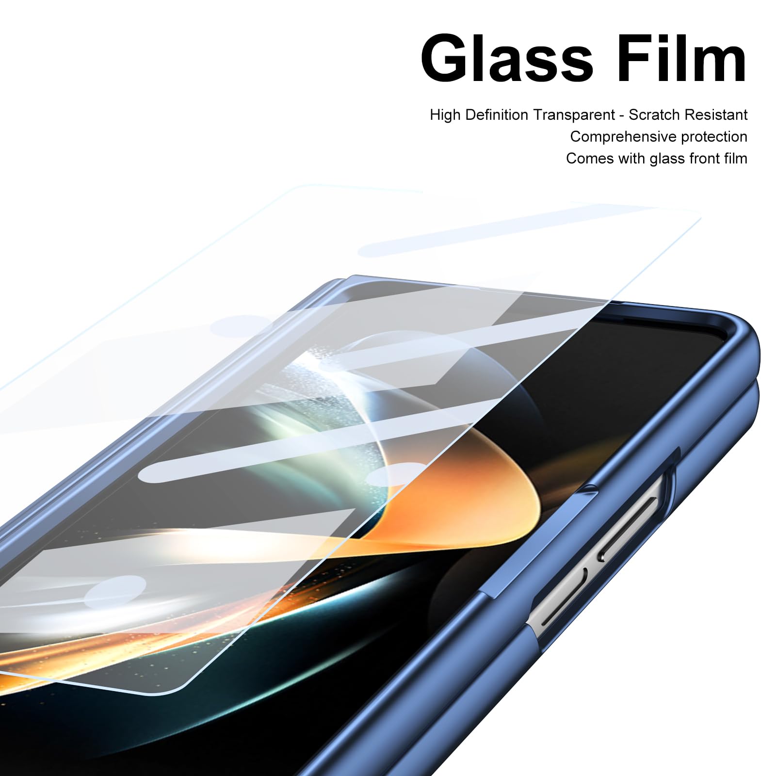 per Galaxy Z Fold4 Custodia con Penna e Slot per Penna, Pellicola Protettiva in Vetro Temperato + Protezione Cerniera Cover in Pelle per Samsung Galaxy Z Fold4-Blu