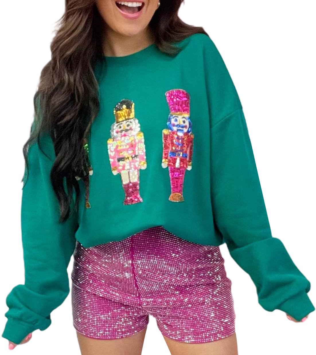 Yiulangde Ugly Christmas Sweater for Women 2024 Cute Sequin Nutcracker Sweatshirt Sparkly Funny Graphic Shirts Pullover Tops