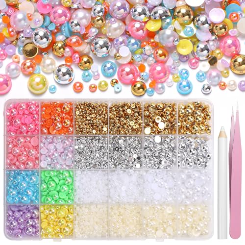 Image of 9000Pcs Flatback Pearls for Crafting, Gold Silver White Beige Nail Half Pearls, 3-8mm Color Half Round ABS Flatback Pearl Gems Bedazzling for Nails Crafts DIY Shoes Clothes Bags