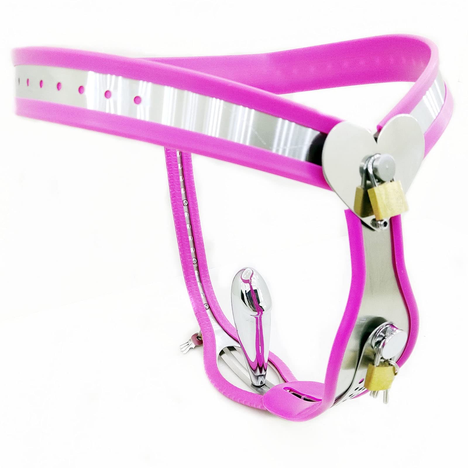 Cintura di Castità per Donna con Plug Vaginali E Anali Rimovibili, Cintura di Castità in Acciaio Inossidabile per Donna, Dispositivo di Castità Bondage Set Giocattoli BDSM Estremi,120~145cm,Pink