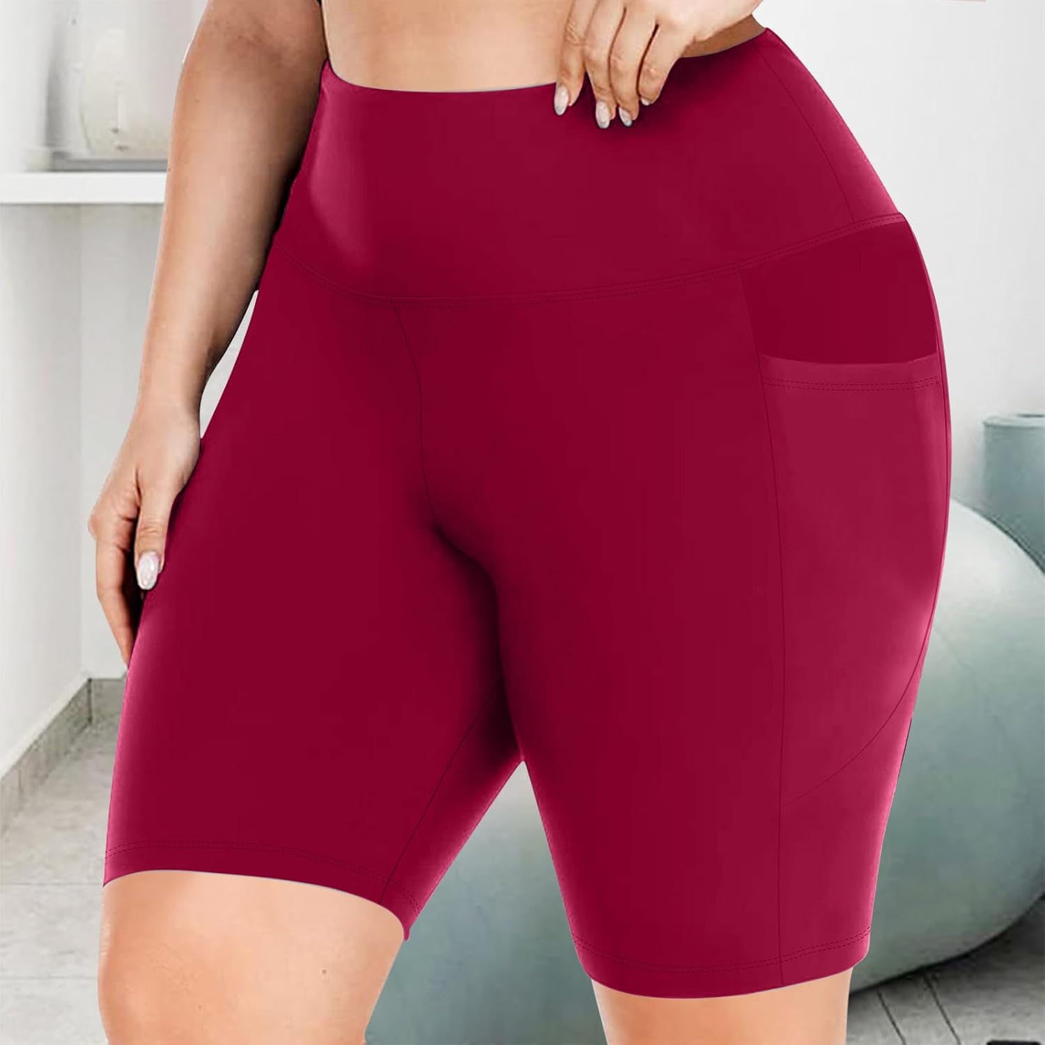 Women Plus Size Biker Shorts Quick Dry Breathable Workout Yoga Shorts Stretchy Tummy Control Yoga Short Leggings with Pocket