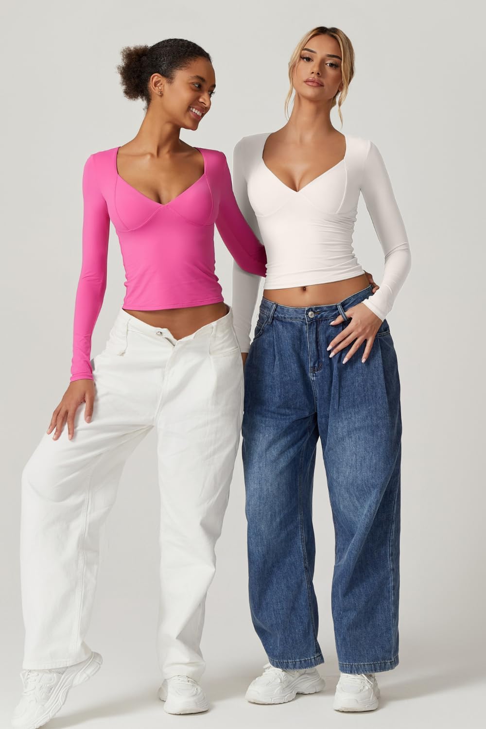 QINSEN Women's Long Sleeve V Neck T Shirts Double Lined Crop Top Seamed Cup Going Out Tops - Image 5