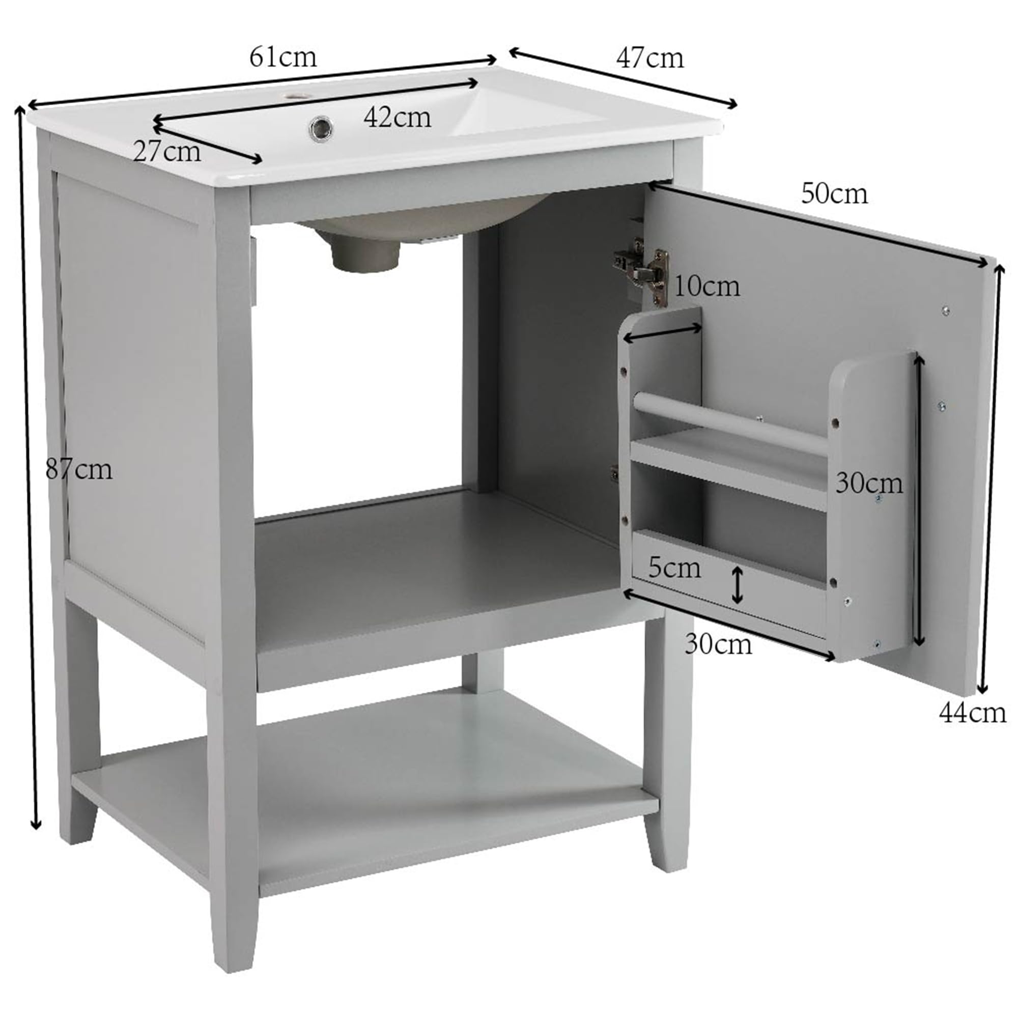 Mueble de baño individual para lavabo de 60 cm con lavabo de cerámica, con estante (gris claro)