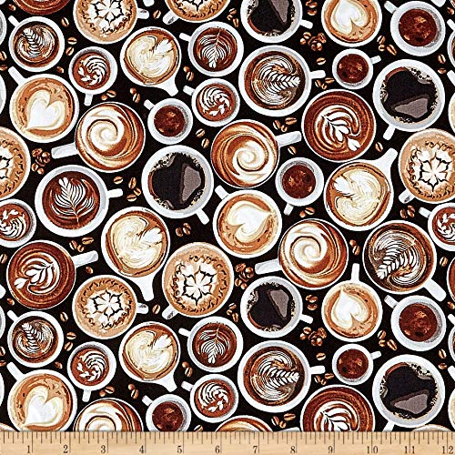 Timeless Treasures Fresh Brew Coffee Cups Black, Fabric by the Yard