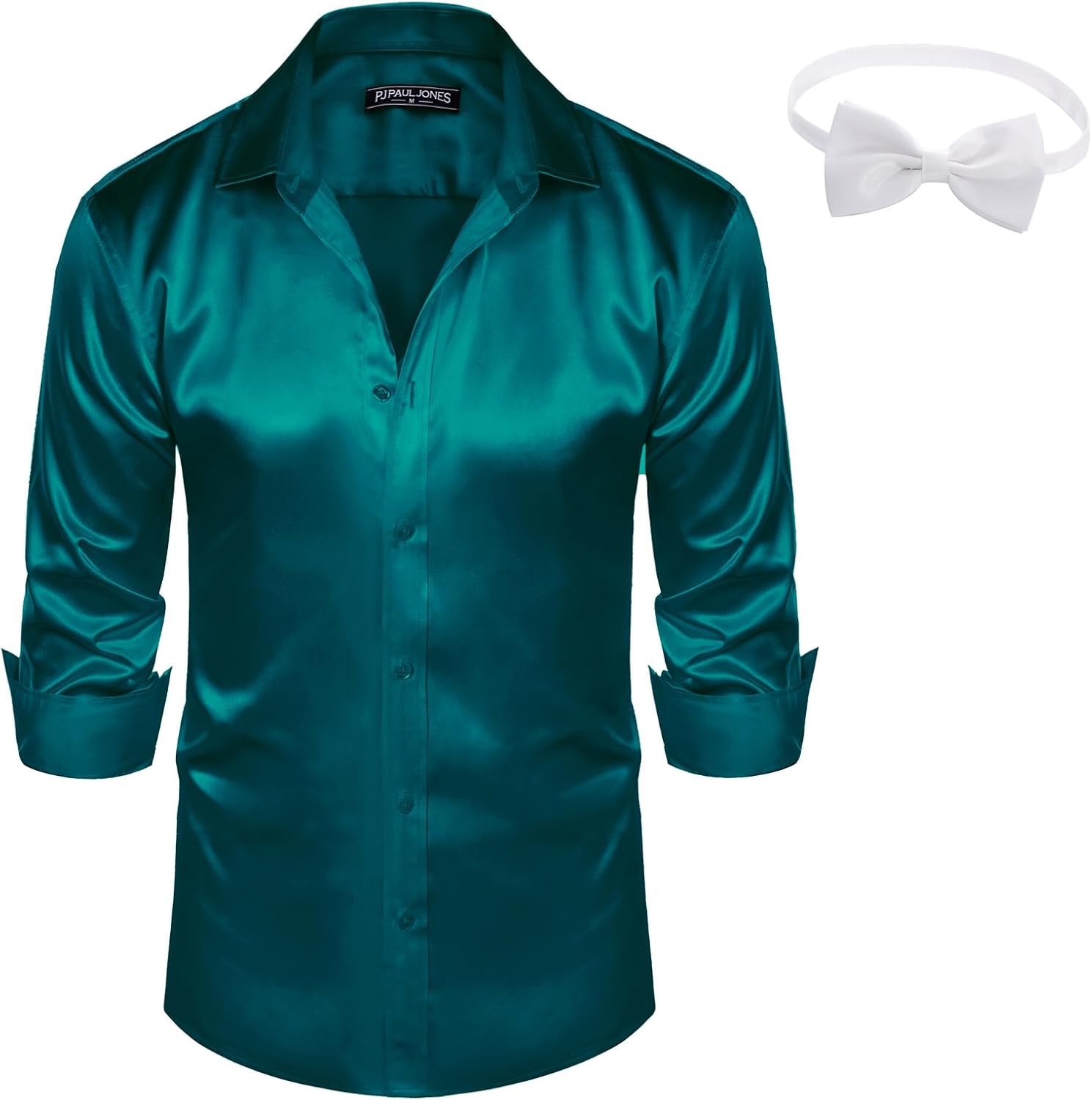 PJ PAUL JONES Men's Shiny Satin Dress Shirts Long Sleeve Button Down Silk Shirt with Bow Tie - Image 4