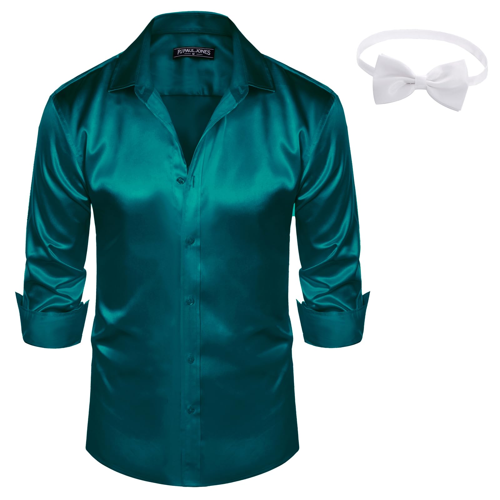 PJ PAUL JONES, Camisa de vestir de satén y seda brillante con botones para hombre, con pajarita, de manga larga