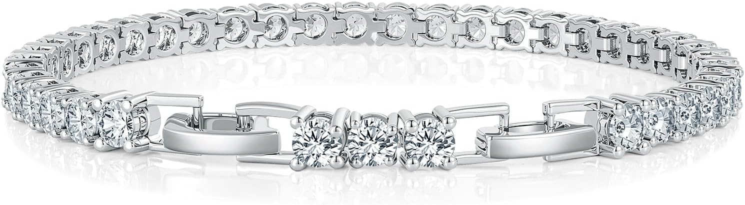 Gemsme 4mm Tennis Bracelets for Women, Adjustable 18K White Gold Plated Fold Over Clasp 4mm Round Cubic Zirconia Stackable Classic Tennis Bracelets for Women, Size 6.5-7.5 inch + 1 inch