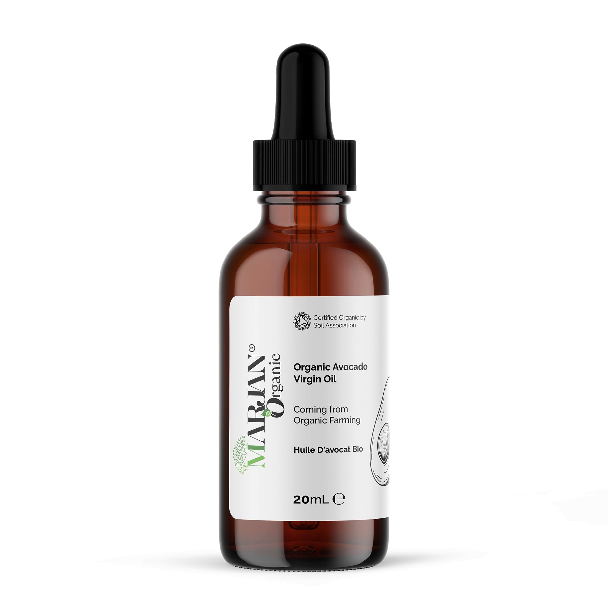 Marjan Organic Avocado Oil 20ml - Certified 100% Pure Cold Pressed Virgin Premium Grade - For Hair Growth, Face & Skin Care, Dry Skin, Controls Acne, Moisturizing Scalp - Dark Circles