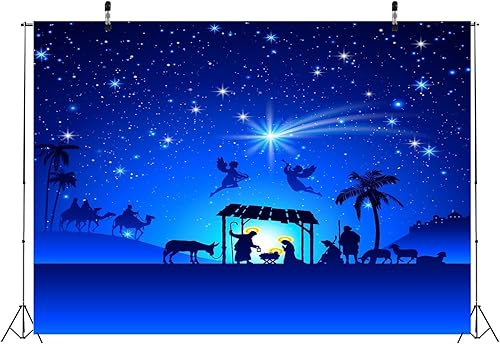 Miniatura 4 de BELECO Telón de fondo de tela de 7 x 5 pies, diseño de pesebre, estrella de Belén, cielo nocturno azul, santa familia y tres reyes, nacimiento de