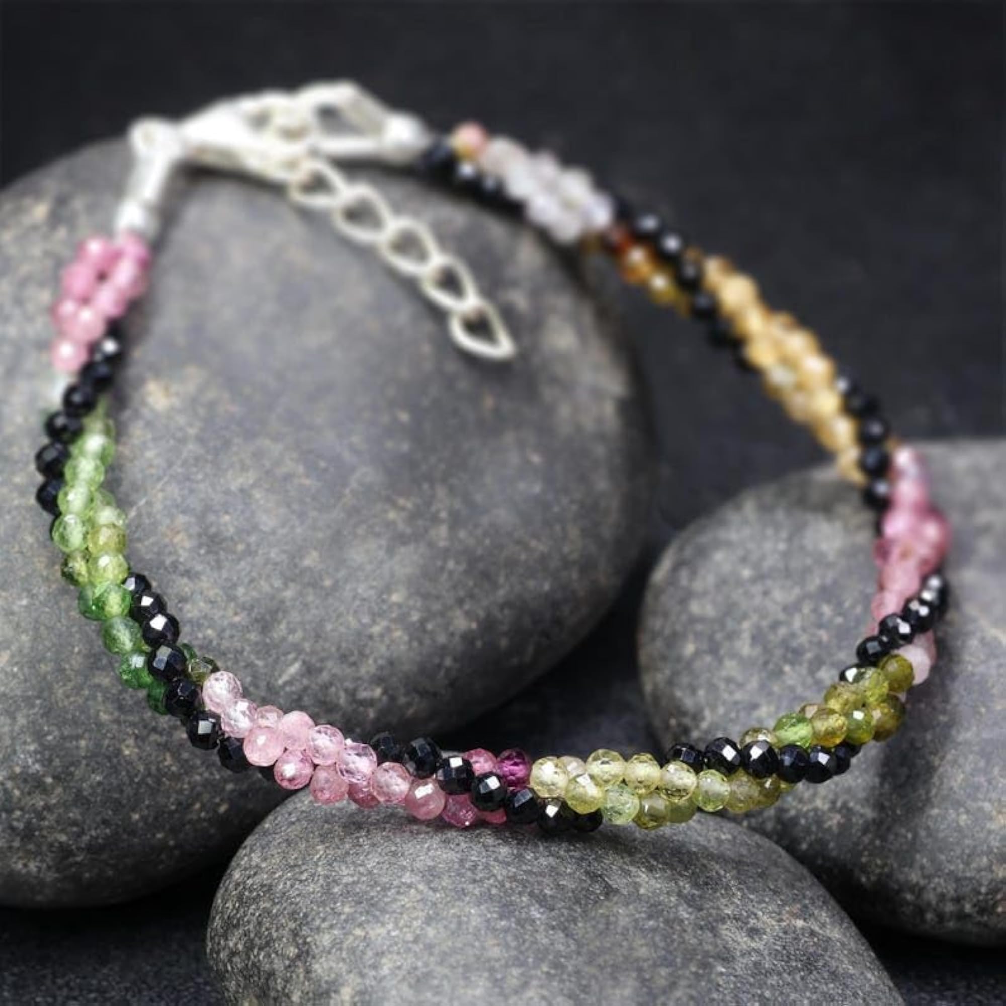 Multi Tourmaline Round Beaded Bracelet, Adjustable
