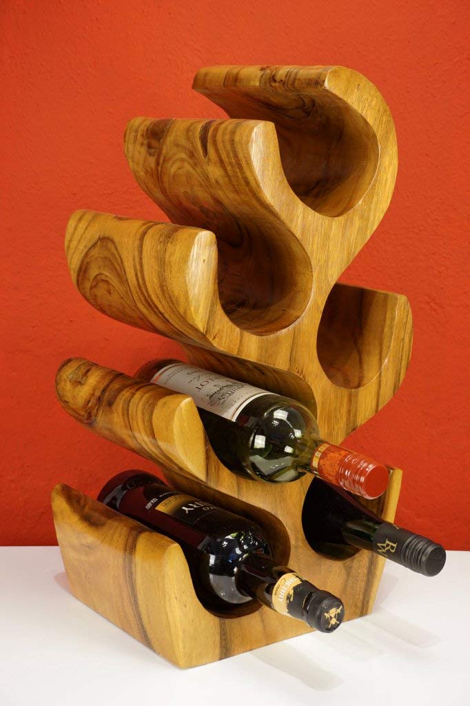 Kinaree Massivholz Weinregal für 6 Flaschen - 50cm freistehendes Flaschenregal in Baum Form aus einem Stück massiver Akazie (Suar) in rustikaler Optik
