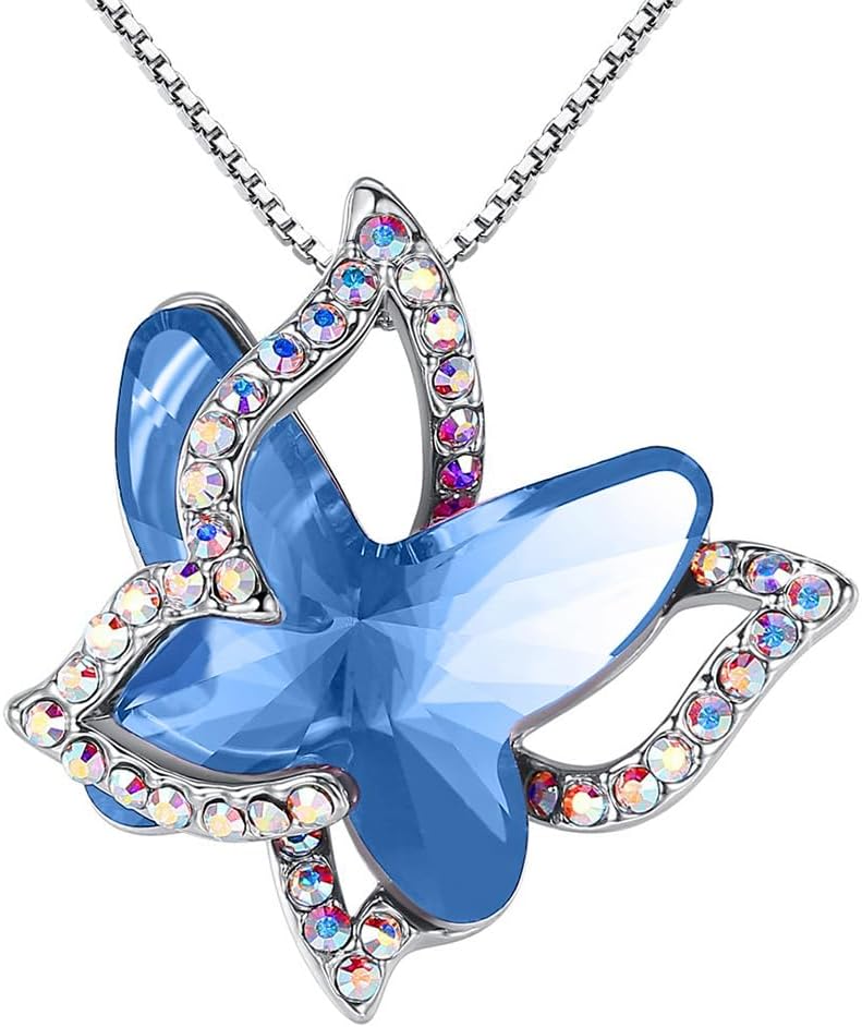 GEMMANCE Valentine's Day Gift Butterfly Birthstone Crystal Necklace, Silver Tone with 18”+2” Chain, Necklace for Mother’s Day Anniversary Birthday Gifts for Women and Daughter
