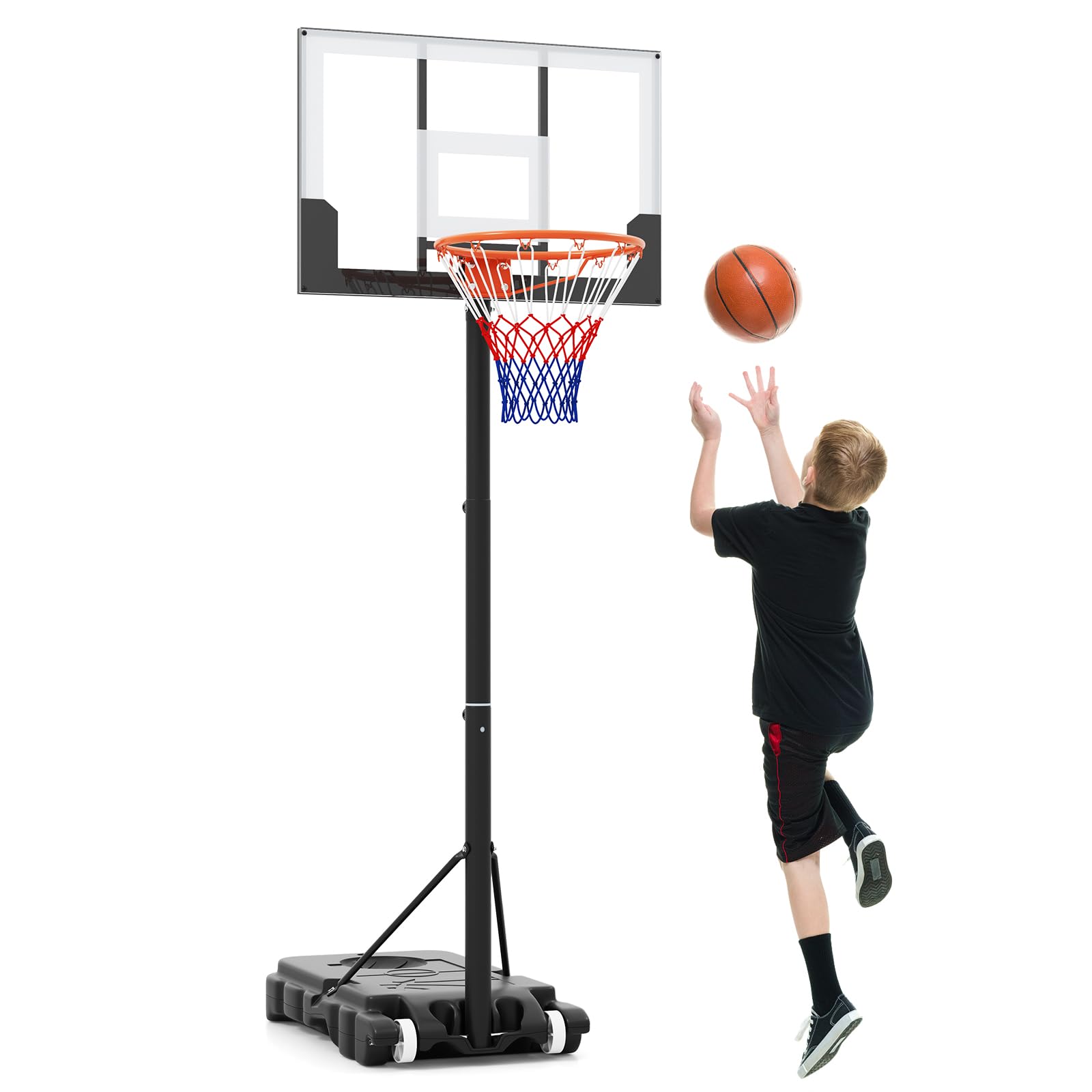 GYMAX Panier Basket Extérieur pour Enfants 3 Ans+, Hauteur 100 à 212 cm, Mobile avec 2 Roues, Base Stable Remplissable, Espace pour Rangement de Ball, Installation et Réglage Facile
