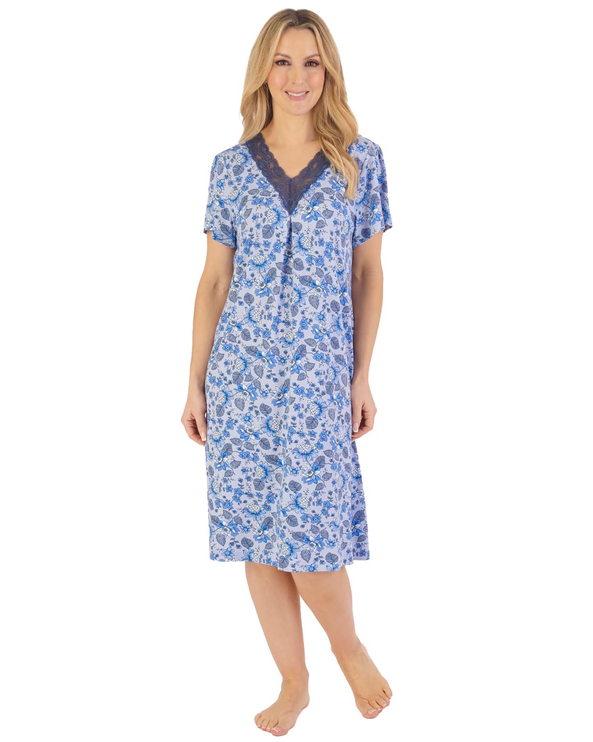 Slenderella Women's Blue Gaspe Floral Short Sleeve Nightie Gl06702 Small