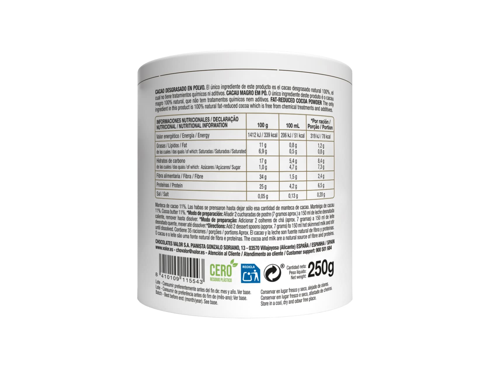 cioccolato a la taza valor 100% cacao 250 gr