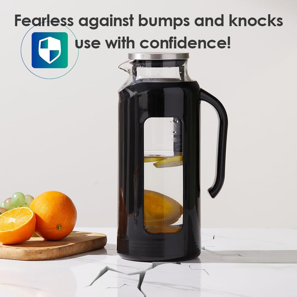 Delove Glass Pitcher with Lid & Shatterproof Shell – Heat-Resistant Borosilicate Glass Jug, 2 L/68 oz with Handle & Spout – Perfect for Iced Tea, Juice, Hot & Cold Water (Black) - Image 5