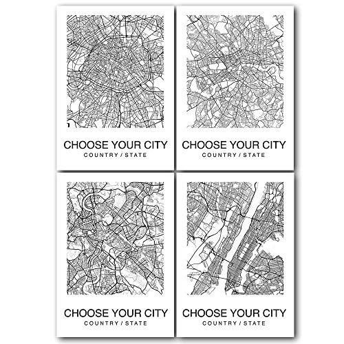 4 Pieces Map Wall Art Print Poster Custom City Map Street Black & White Decor
