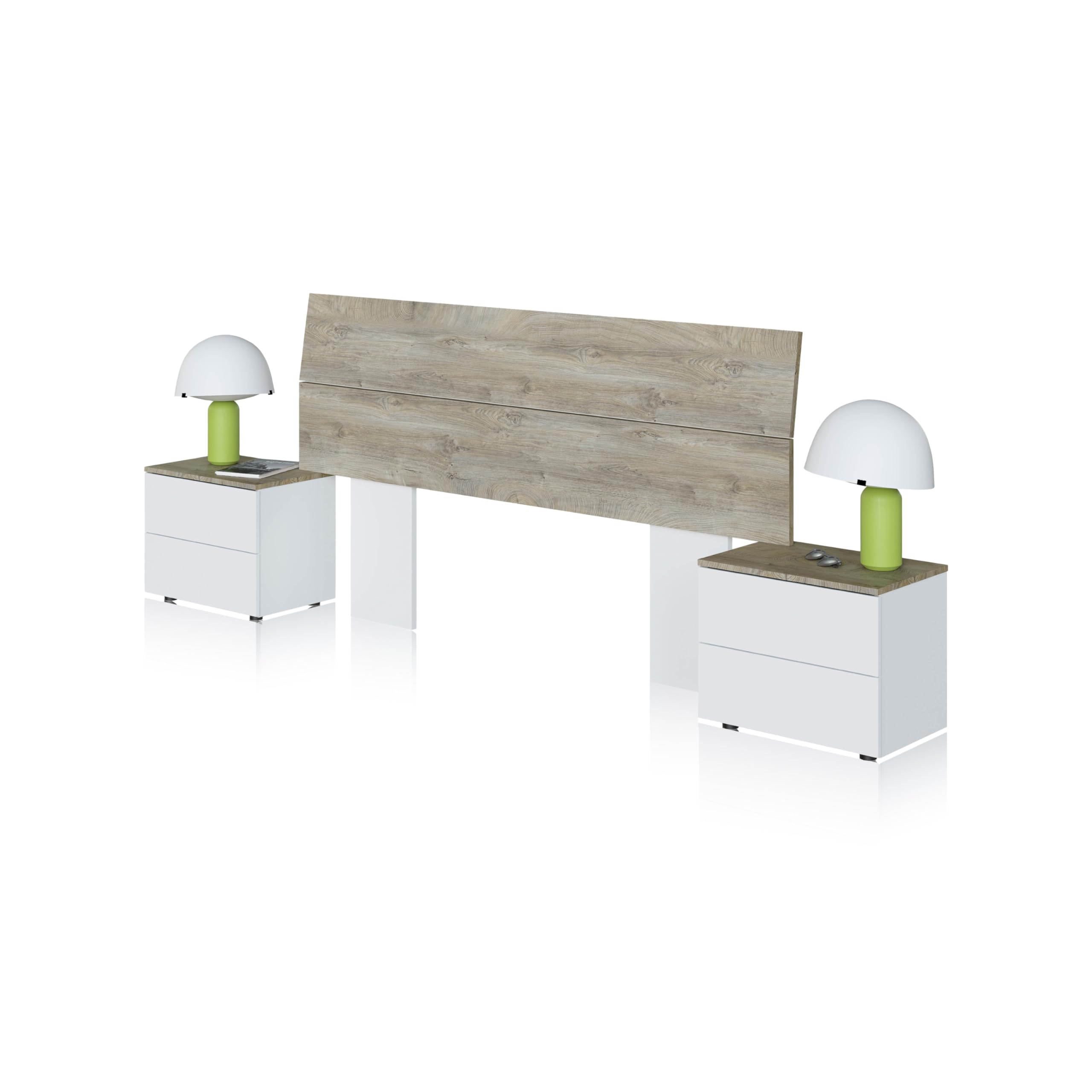duehome | Cabecero y 2 Mesitas de Noche, Cabecero y Mesitas, Modelo Brike, Acabado en Blanco Artik y Roble Alaska, Medidas: 276 cm (Largo) x 96 cm (Alto) x 34 cm (Fondo)