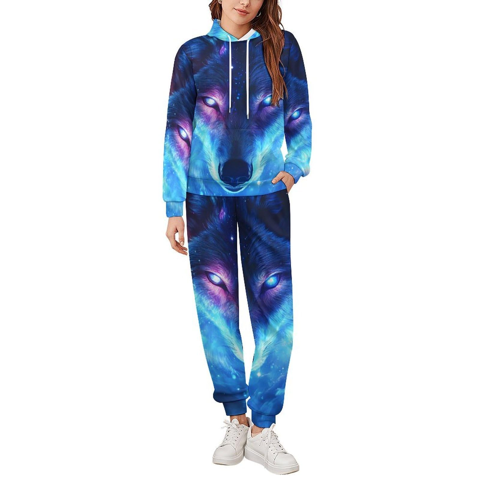 Lupo con gli occhi luminosi tute per gli uomini a maniche lunghe felpa con cappuccio e pantaloni della tuta tuta tuta set di tute alla moda