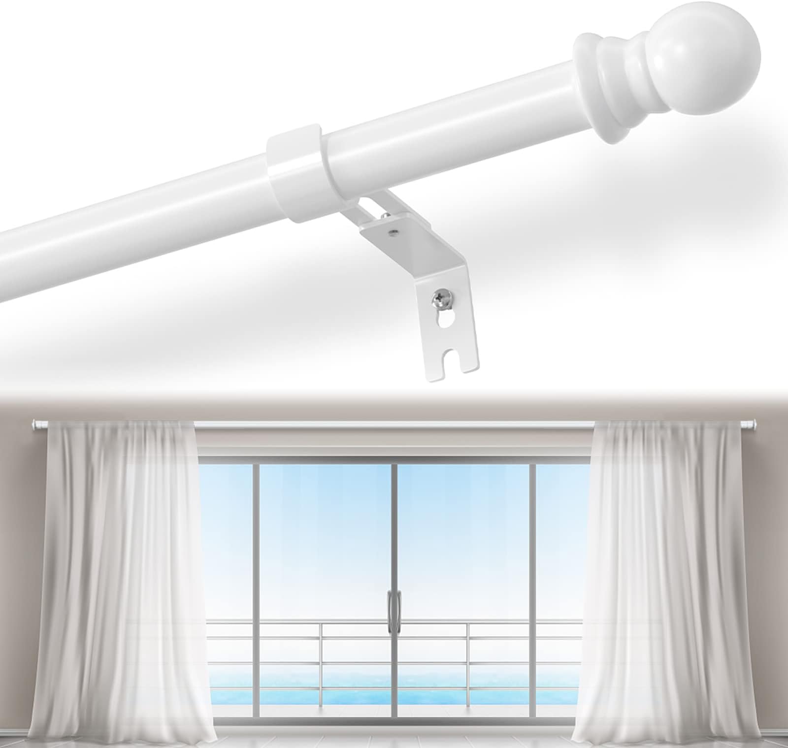 White Curtain Rods for Windows 66 to 144, 1 inch Heavy Duty Curtain Rod with Adjustable Brackets for room, outdoors, Easy Install Drapery Rod, Ball Finials, White
