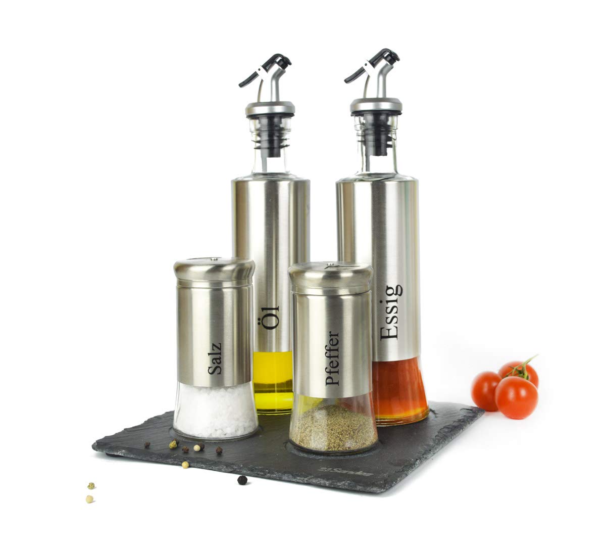 SendezStainless Steel Kitchenware Shaker Set - 5Piece Glass Oil, Vinegar, Salt and Pepper Shakers with Acacia Wood Base