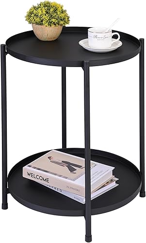 Mesa auxiliar redonda de metal con bandeja negra con almacenamiento, sofá, mesita de noche, mesas de aperitivos con 2 bandejas extraíbles para disponible en Yaxa Costa Rica