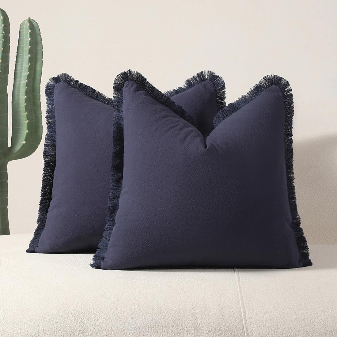 Tennove Cushion Covers 45x45cm Set of 2 Decorative Boho Throw Pillow Case with Fringe Tassels Washed Cotton Linen Soft Farmhouse Pillow Cover for Home Sofa Bed Room,Navy Blue