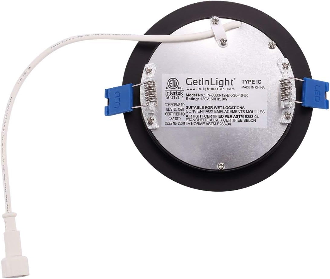 GetInLight 3 Color Dimmable Slim LED Recessed Lighting, 4 Inch, Junction Box Included, 3000K(Soft White), 4000K(Bright White), 5000K(Day Light), Black Finished, ETL Listed, IN-0303-12-BK-30-40-50
