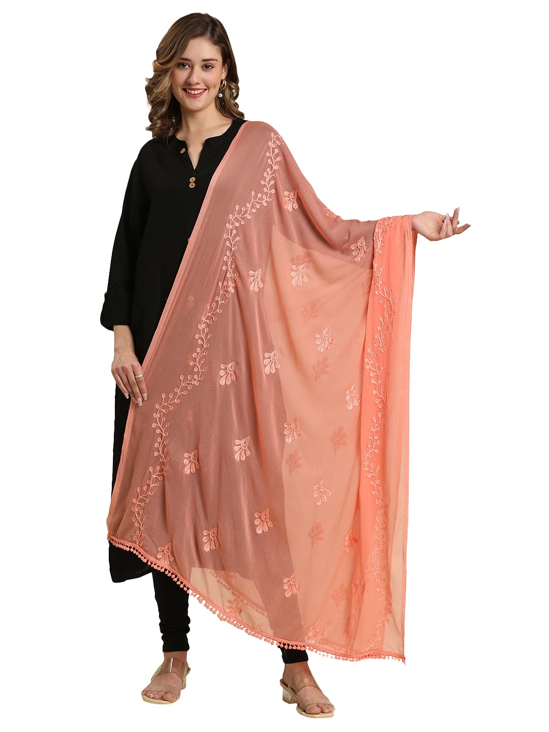 Women's Embroidered Peach Chiffon Dupatta With Pom Pom Lace, free size-image-22