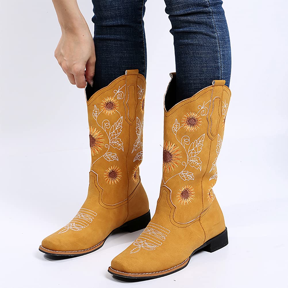 gloryinterest Cowboy Boots for Women Mid Calf Cowgirl Western Boots Sunflower Embroidery Stitched Square Toe Low Heel Black Brown Yellow US6-10.5, yellow, 40
