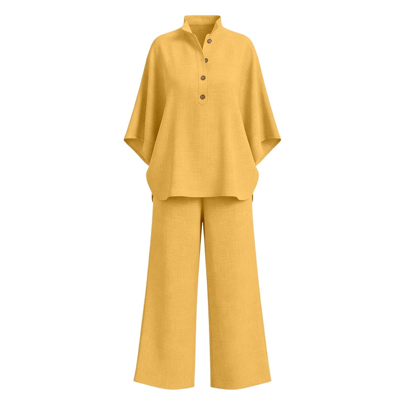 Generisch Traje informal de dos piezas para mujer, monocolor, camisa holgada con cuello alto, botones y pantalones largos, cómodo, informal, verano, diario, vacaciones, ligero, moda