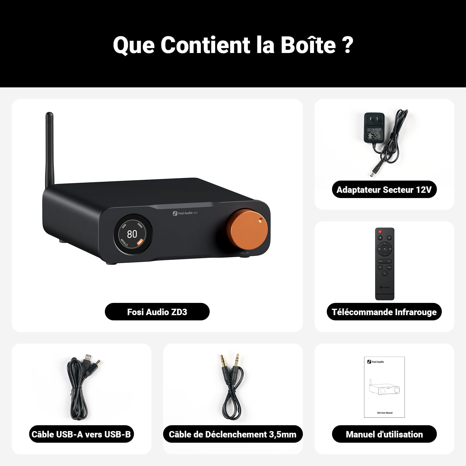 Fosi Audio ZD3 Préamplificateur de Bureau DAC Entièrement équilibré avec Amplificateur Stéréo Domestique ES9039Q2M, Bluetooth/USB/Optique/Coaxial/TV Entrée HDMI Arc, Sortie XLR/RCA avec Télécommande