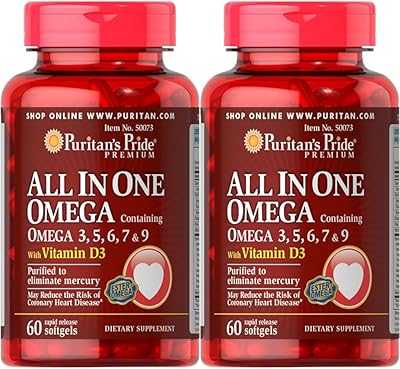Puritans Pride All in One Omega 3, 5, 6, 7 and 9 with Vitamin D3, 60 CountPack of 2